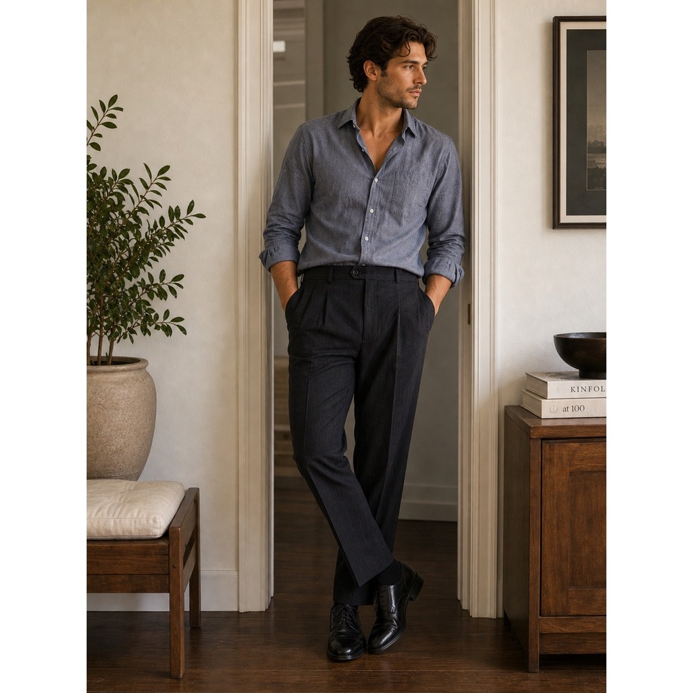 Tommy Hilfiger Pants Men 34x28.5 Charcoal Grey Pinstripe Cashmere Blend Pleated